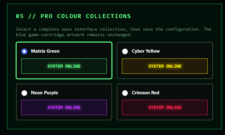 Trixus Pro Control Centre showing four colour collections: Matrix Green, Cyber Yellow, Neon Purple and Crimson Red